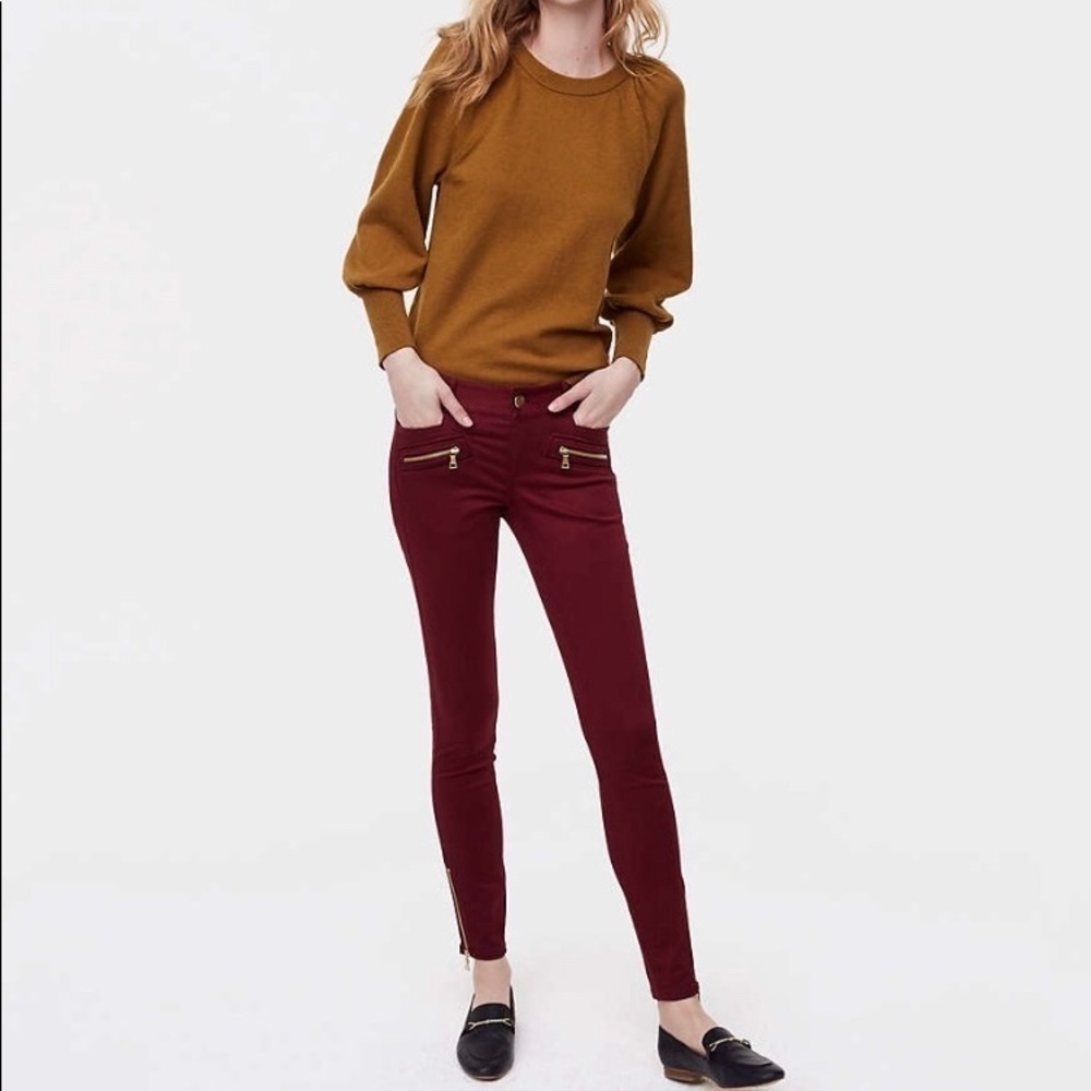 NWT!! LOFT Petite Skinny Sateen Zip Pants burgundy wine